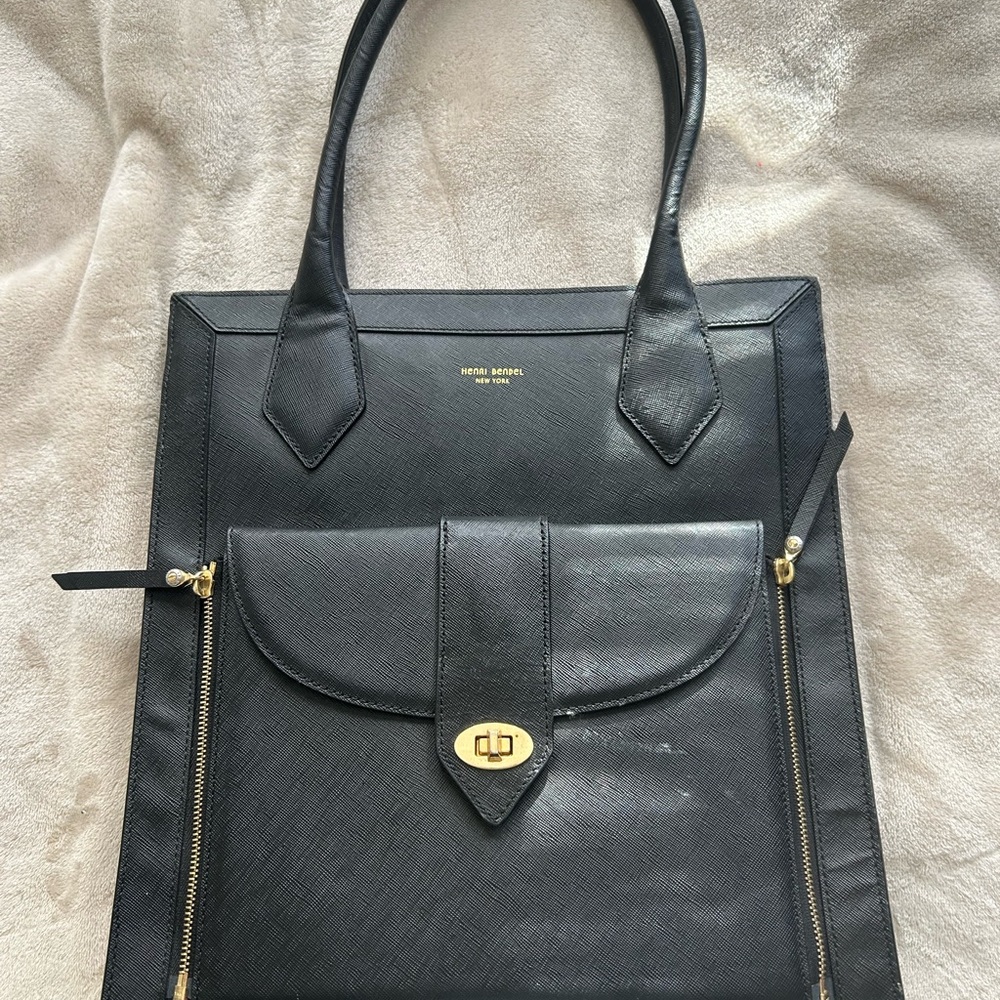 Henri Bendel Black Tote with Structured Leather and Gold Hardware